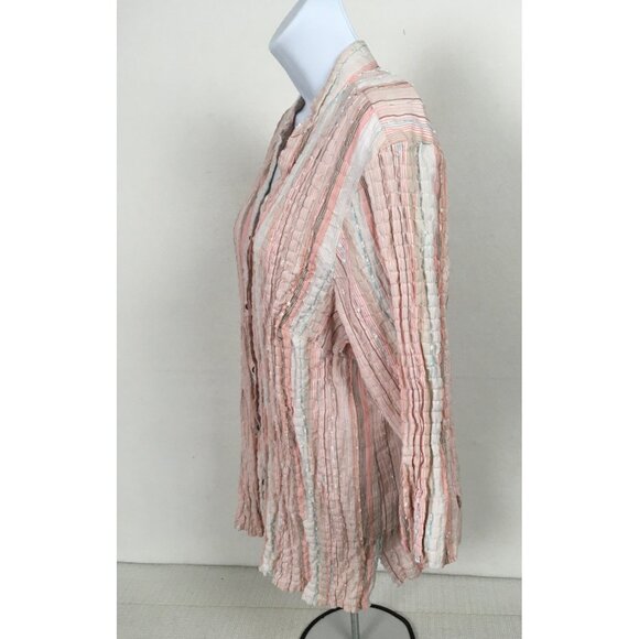 Dressbarn Womens Top Size 1X Pink White Green Striped Button Up Blouse V neck - Picture 5 of 14